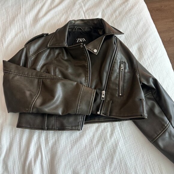 Zara Faux Leather Crop Biker Jacket - Picture 2 of 4
